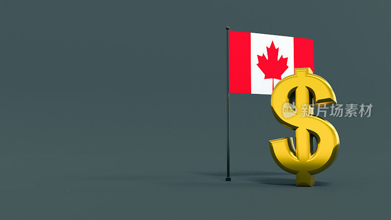 Gold plated dollar symbol in front of the flag of Canada on a neutral gray background with space for text and logo. Finance concept. world currencies. 3D rendering